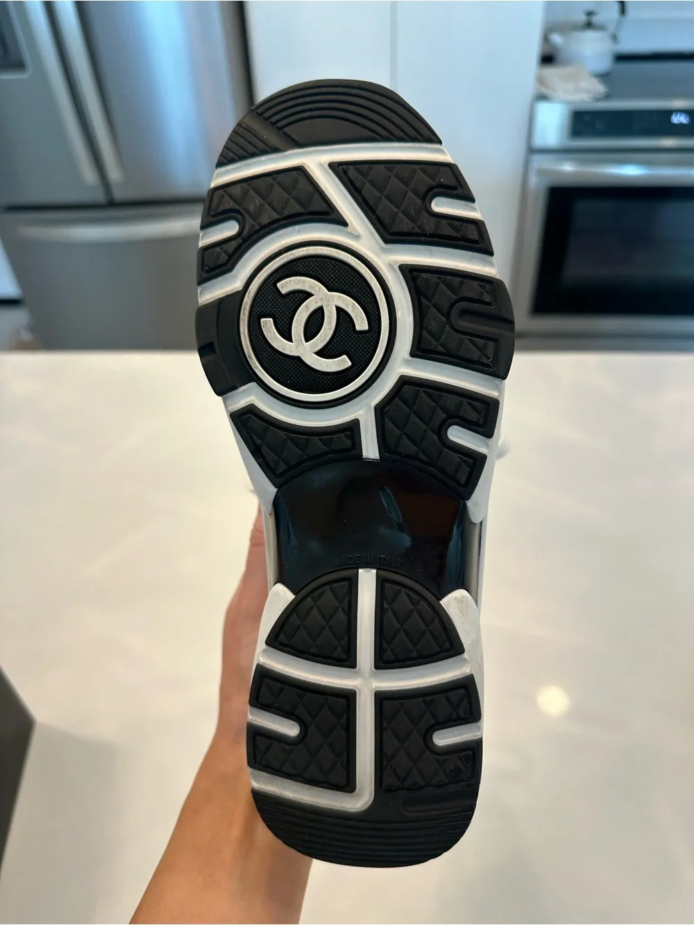 CHANEL White and Black Sneakers
